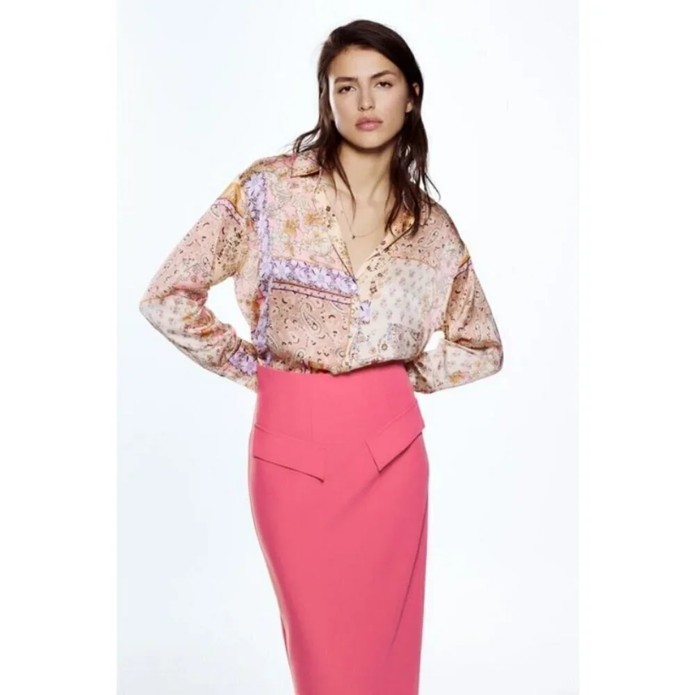 💕ZARA💕 Printed Satin Effect Shirt ~ Pink Multi-Color Paisley Print Medium